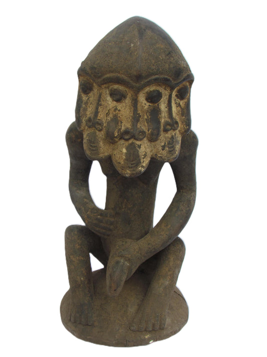 Songo Male Luba Figure – 28" Hand-Carved Wood – Congo 3-Faced Power Sculpture