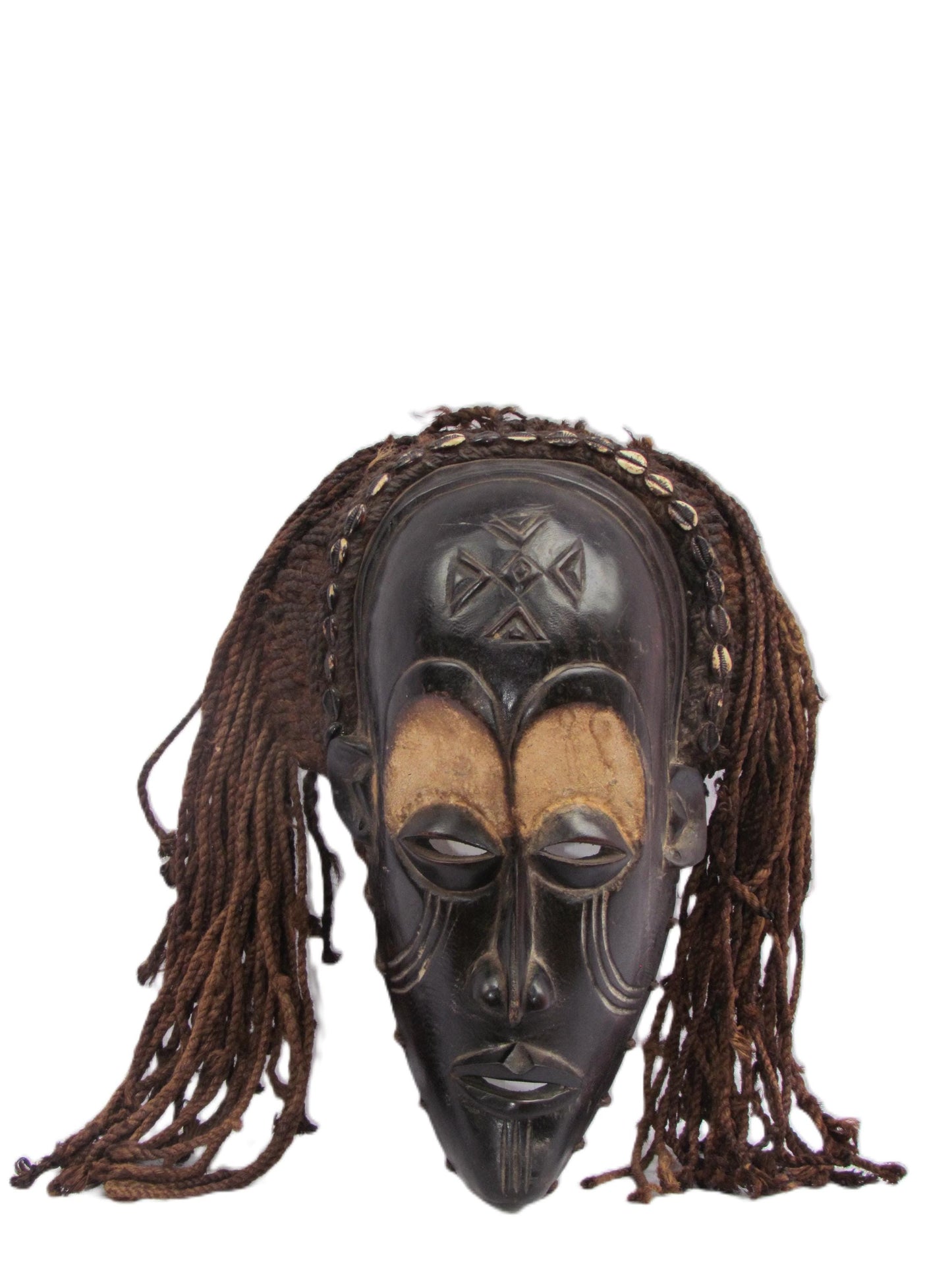 Vintage Chokwe Mwana Pwo Mask – Long Hair Wood Carving – Congo Female Ancestor Art