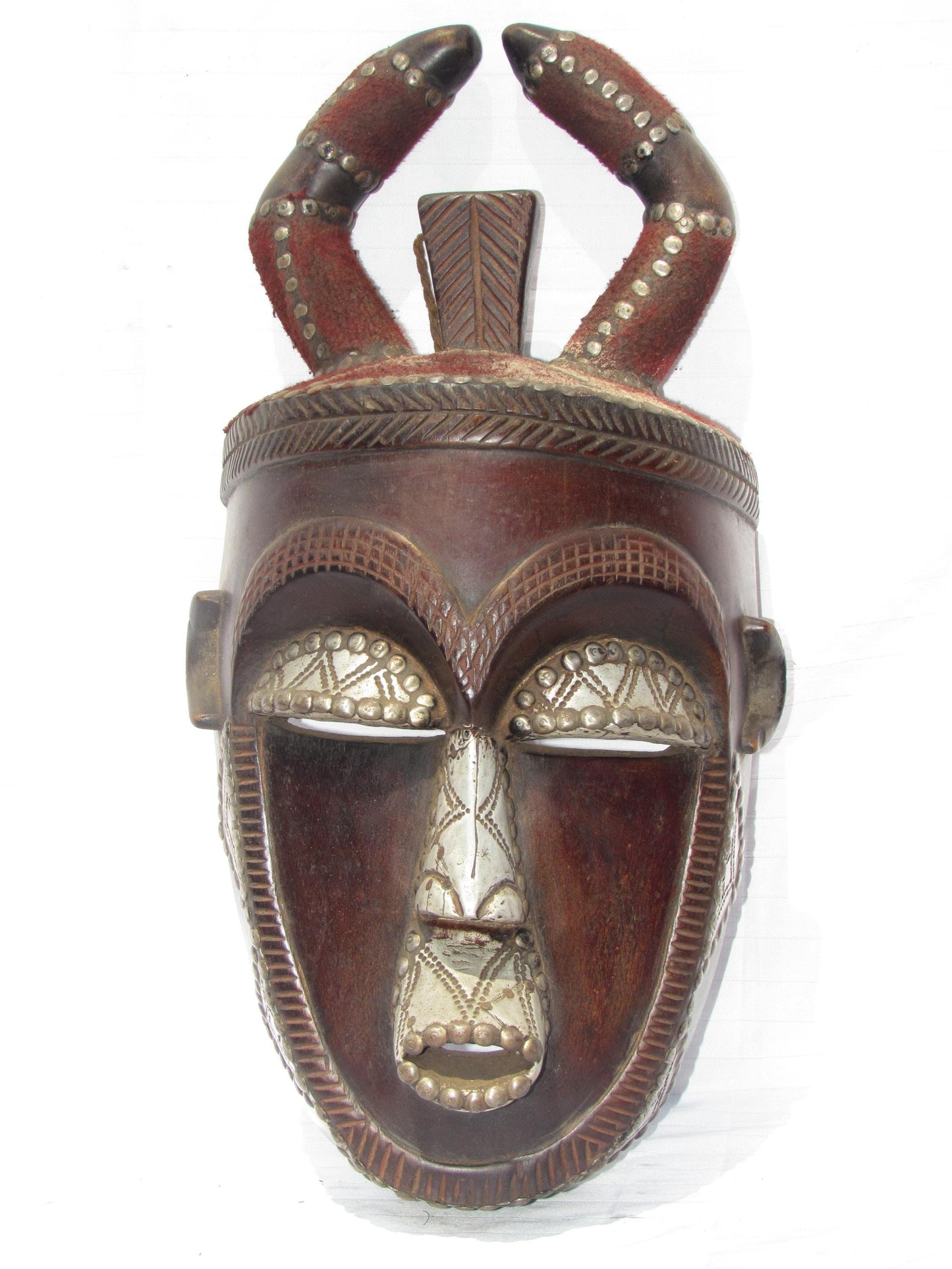 Antique Ngata Tribal Casque Mask – 19" Wood & Metal Helmet – Rare Congolese Art