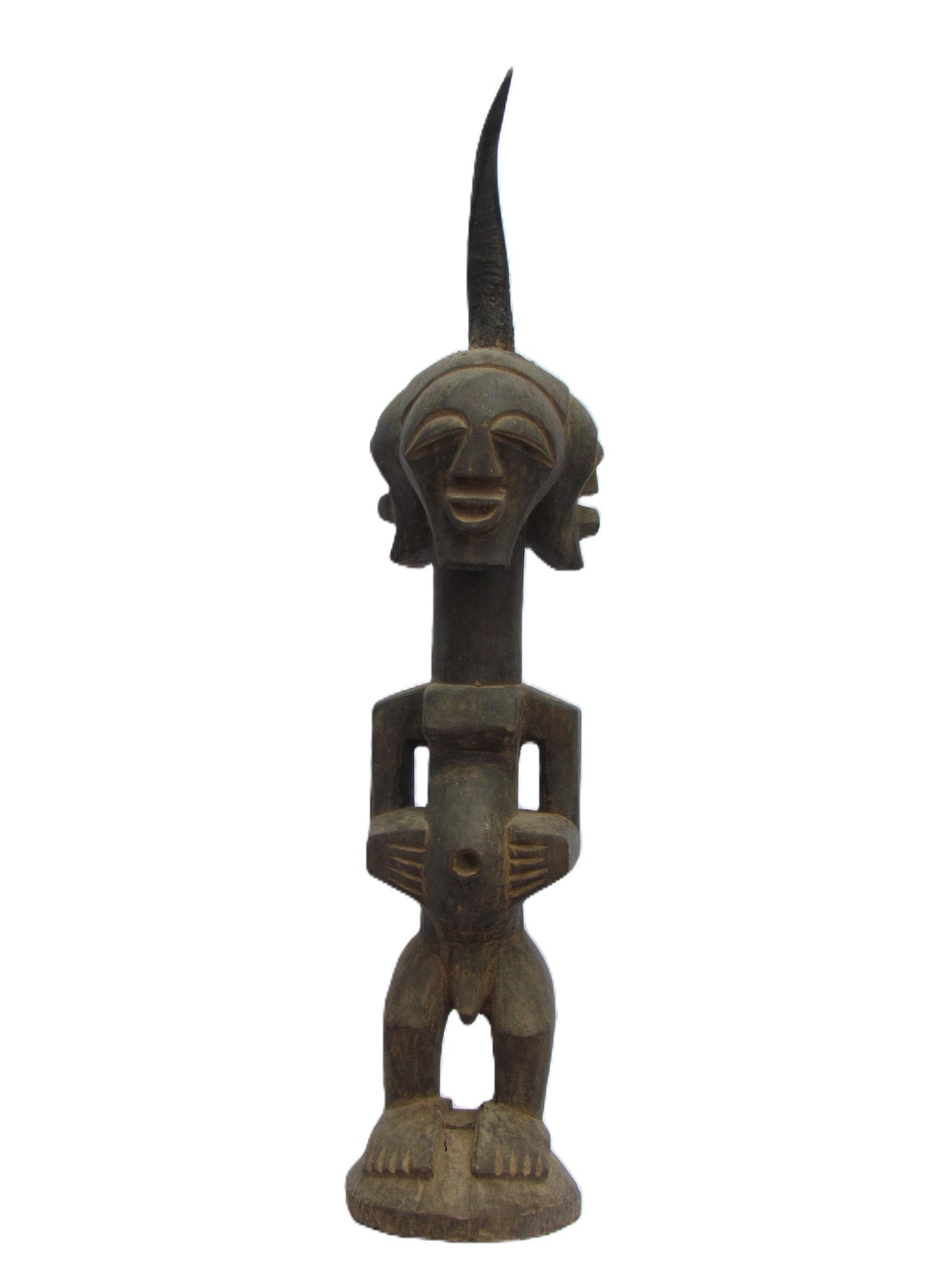 Songye Male Figure | Four Faces Carved Wood Statue | Congo Vigilant Power Art