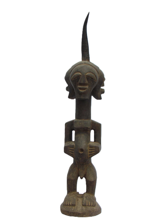 Songye Male Figure | Four Faces Carved Wood Statue | Congo Vigilant Power Art