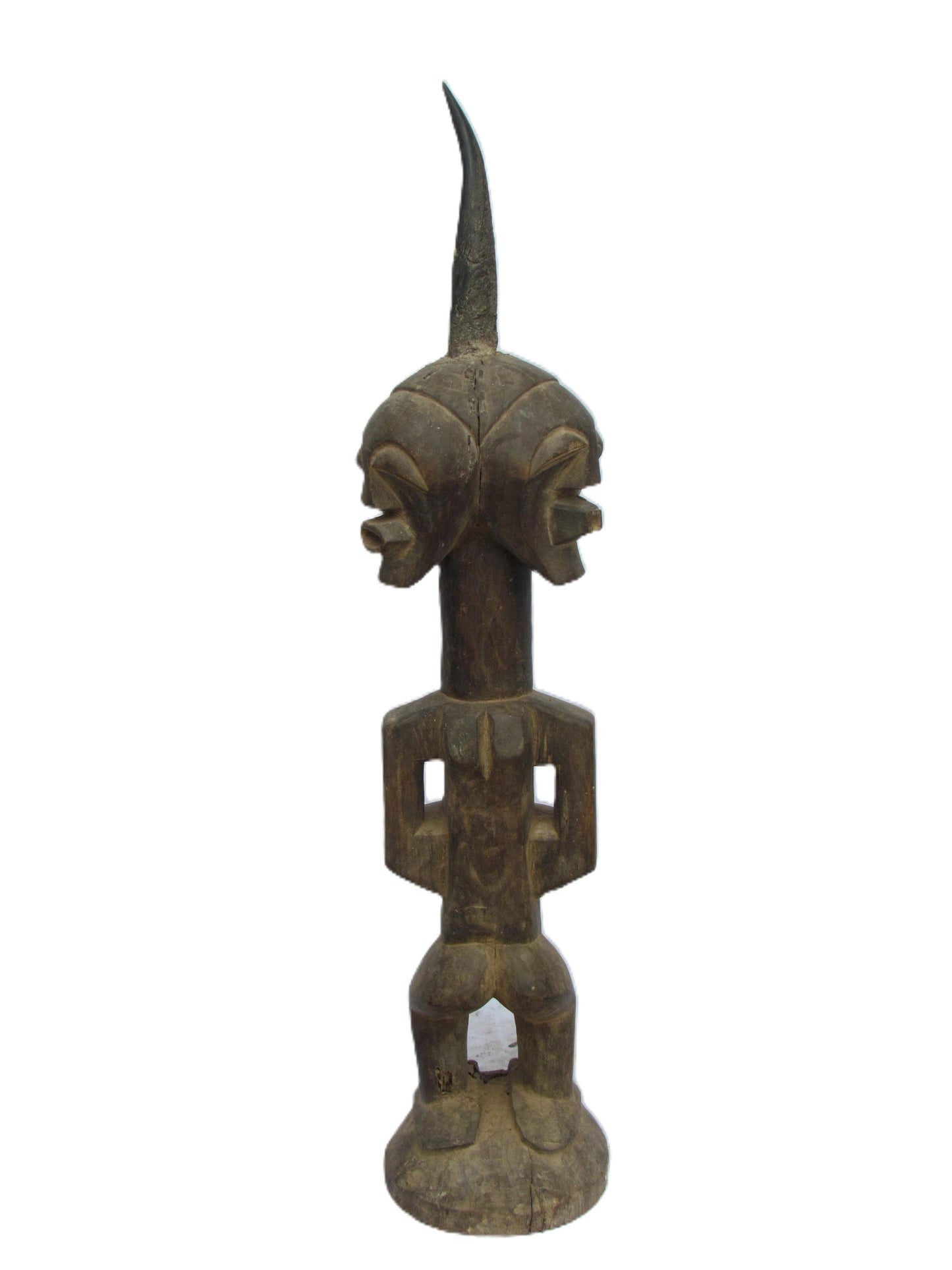 Songye Male Figure | Four Faces Carved Wood Statue | Congo Vigilant Power Art