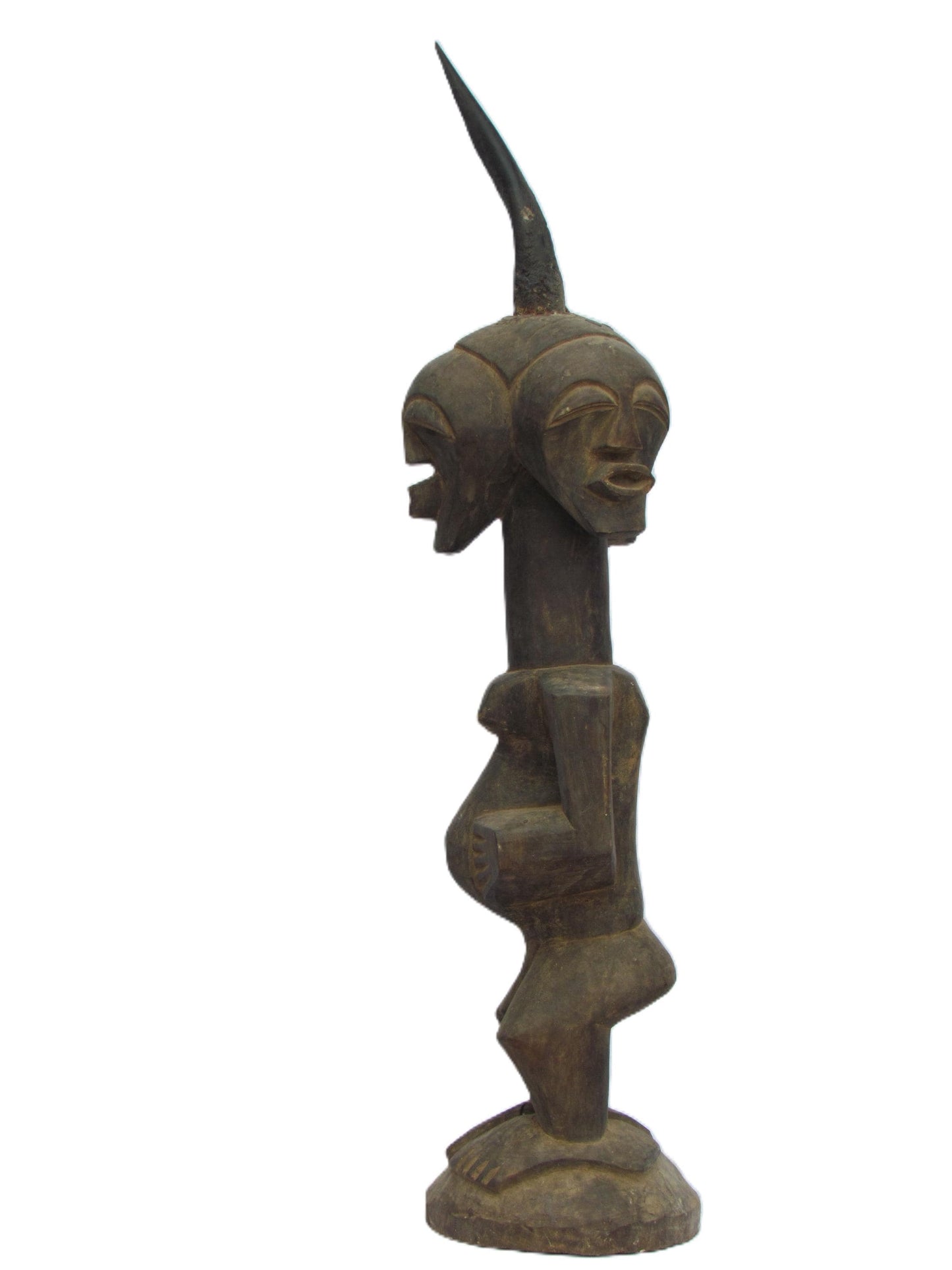 Songye Male Figure | Four Faces Carved Wood Statue | Congo Vigilant Power Art