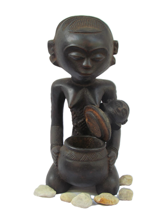 Luba Female Bowl Bearer – 17" Hand-Carved Wood – 1980s Congo Ritual Tribal Art
