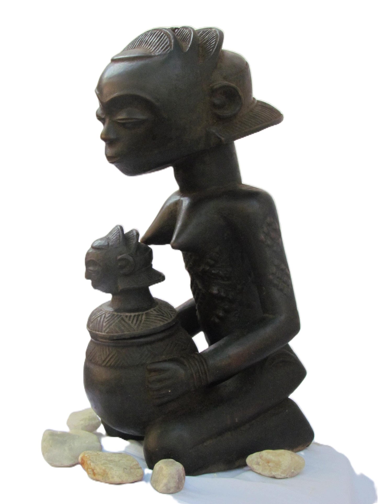 Luba Female Bowl Bearer – 17" Hand-Carved Wood – 1980s Congo Ritual Tribal Art