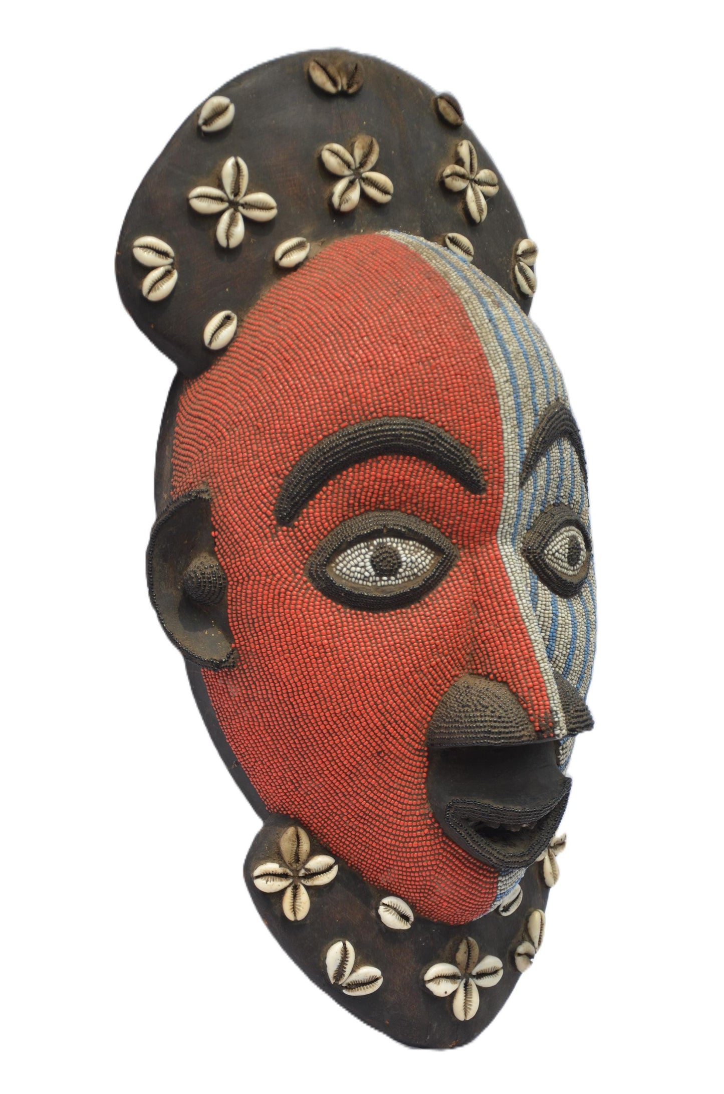 Beaded Luba Mask – Curved Wood Tribal Wall Decor – Painted African Sculpture Art