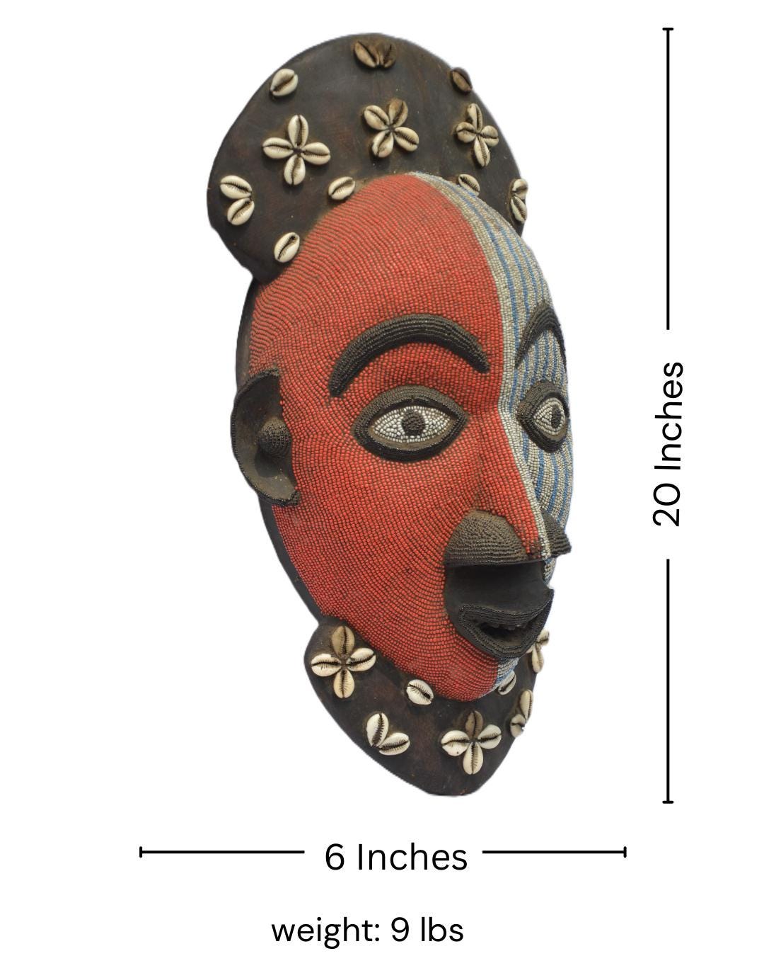 Beaded Luba Mask – Curved Wood Tribal Wall Decor – Painted African Sculpture Art