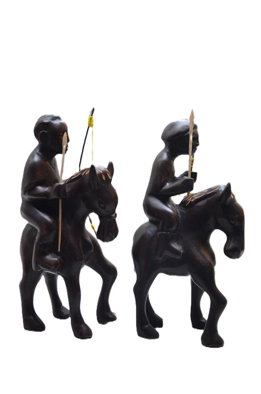 Hand-Carved War Fighting Horse Statues – African Decor Pair