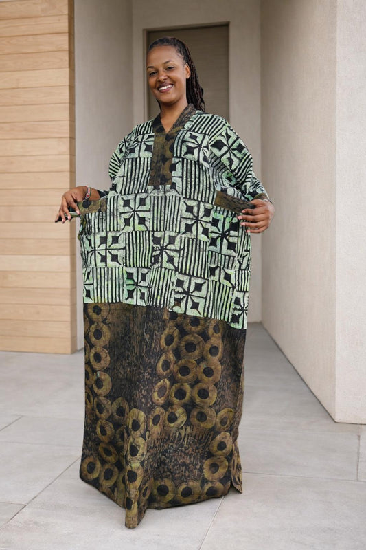 Batik Print African Kaftan Maxi Dress with Pockets