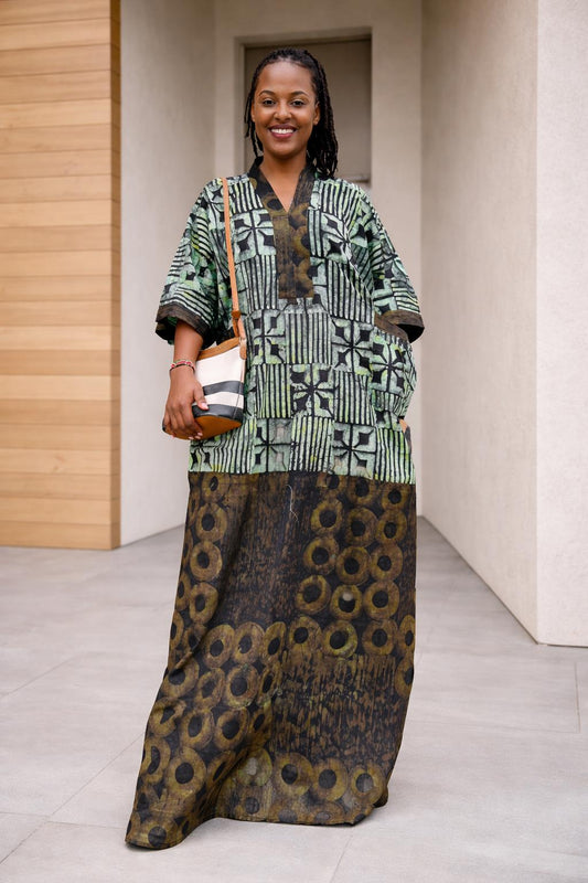 Batik Print African Kaftan Maxi Dress with Pockets
