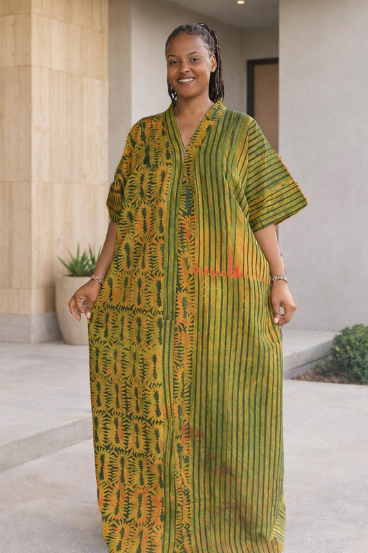 Green & Gold African Kaftan Maxi Dress with Pockets
