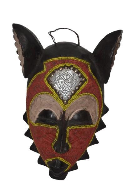 African Kumu Beaded Mask, Tribal Wall Decor, Hand-Carved Congo Wood Art, Modern Housewarming Gift