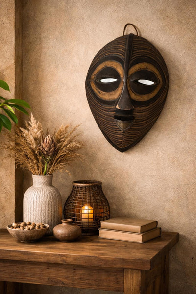 African Kifwebe Mask Tribal Wall Decor Hand Carved Wood Housewarming Art Gift