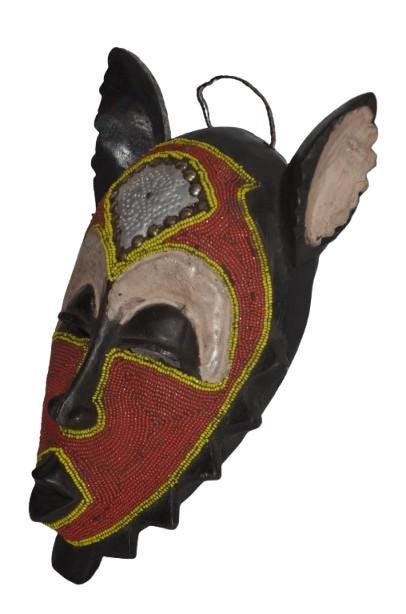 African Kumu Beaded Mask, Tribal Wall Decor, Hand-Carved Congo Wood Art, Modern Housewarming Gift