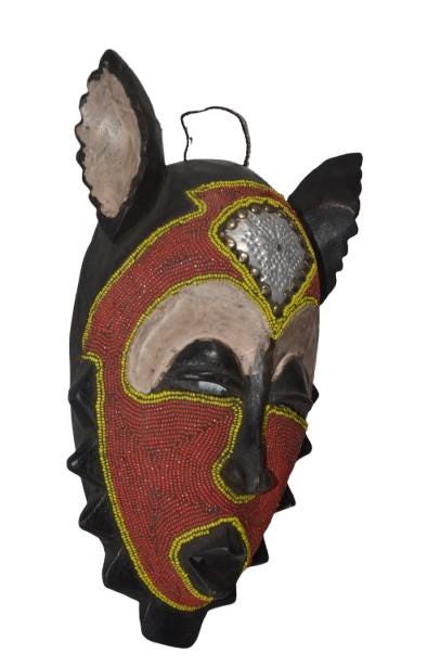 African Kumu Beaded Mask, Tribal Wall Decor, Hand-Carved Congo Wood Art, Modern Housewarming Gift