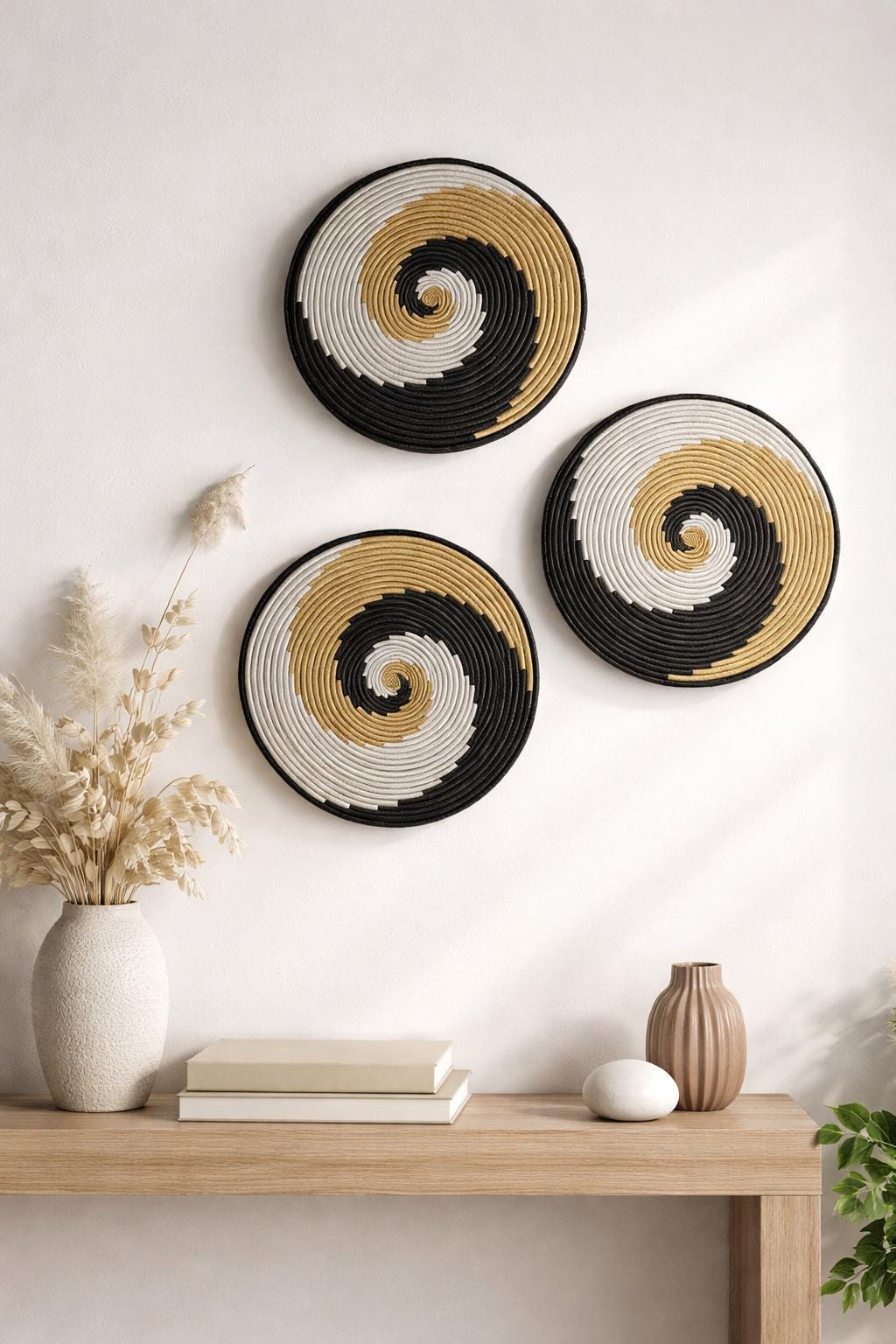Set of 3 Handwoven Sisal Raffia Wall Baskets, Boho African Farmhouse Decor