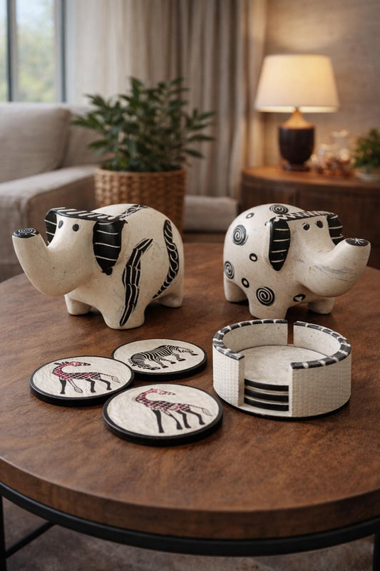 Hand Carved Soapstone Elephant Figurines & Coaster Set – Kenyan Tribal Art Decor