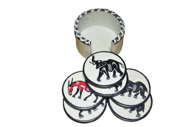 Hand Carved Soapstone Red Elephant Figurines & Coaster Set – Kenyan Tribal Art Decor