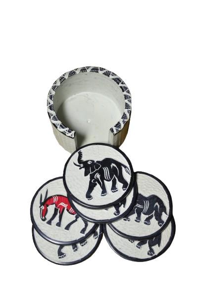 Hand Carved Soapstone Red Elephant Figurines & Coaster Set – Kenyan Tribal Art Decor