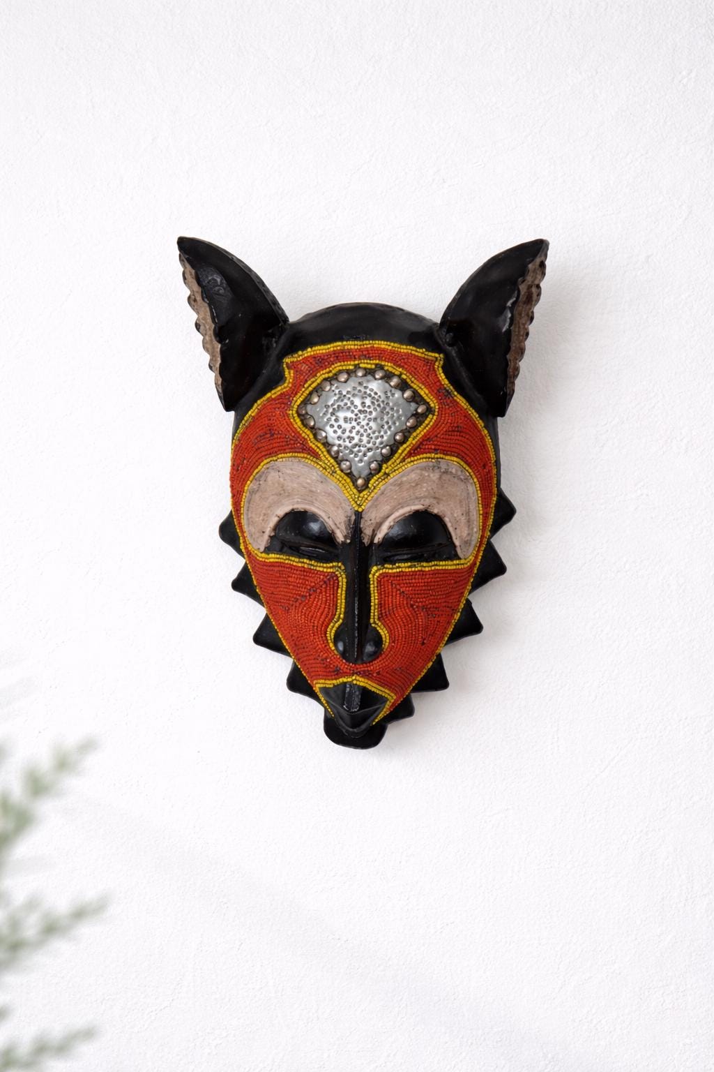 African Kumu Beaded Mask, Tribal Wall Decor, Hand-Carved Congo Wood Art, Modern Housewarming Gift