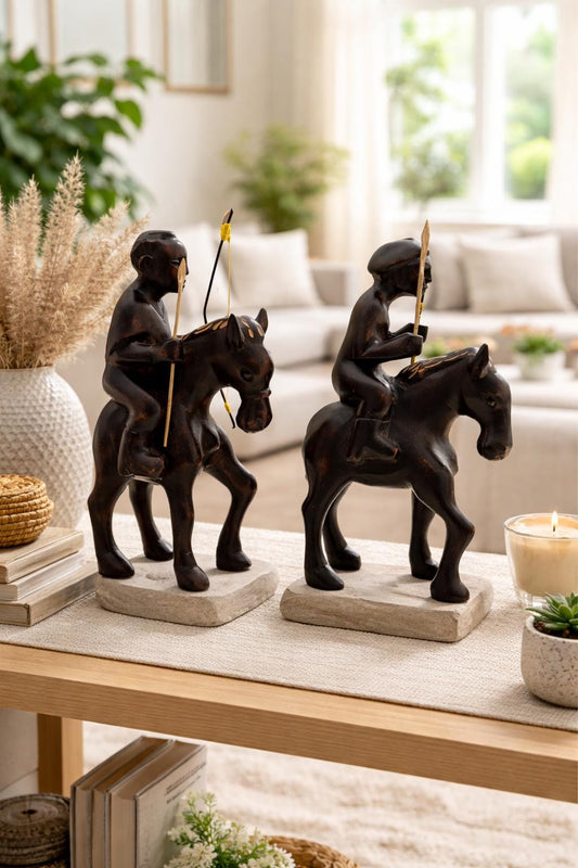 Hand-Carved War Fighting Horse Statues – African Decor Pair