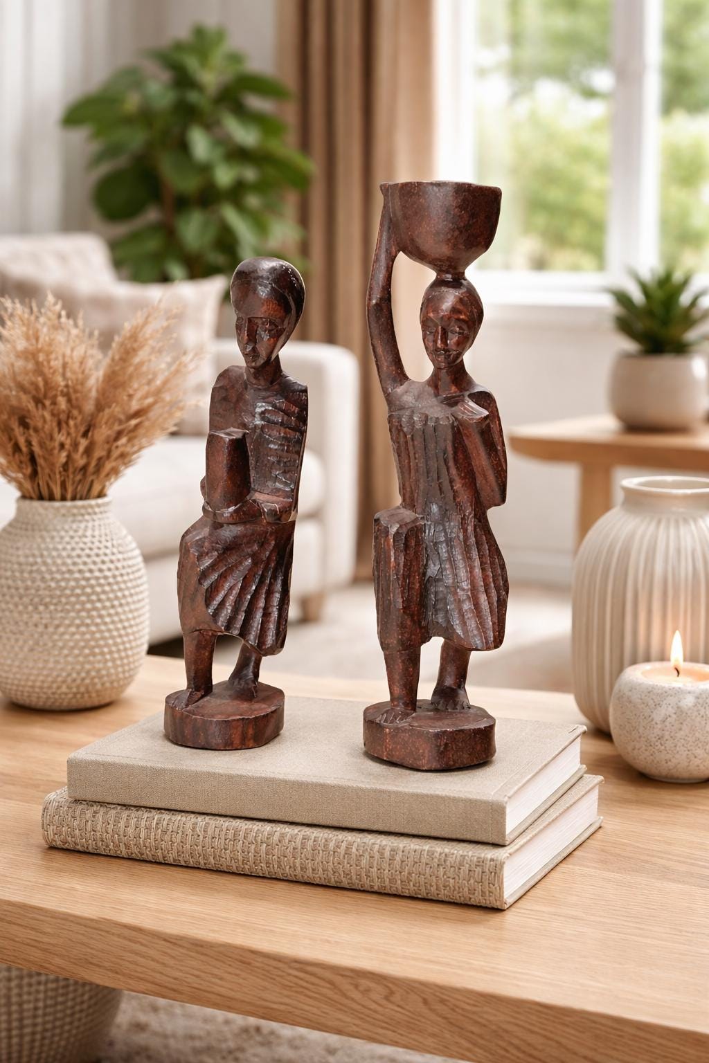 Rwandan King’s Servants Statues – Hand-Carved Wooden Figurines