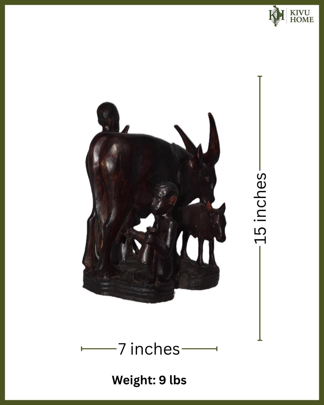Rwandan Cowherd & Cow Statue – Hand-Carved Wood Milking Scene – Rwanda Art Decor