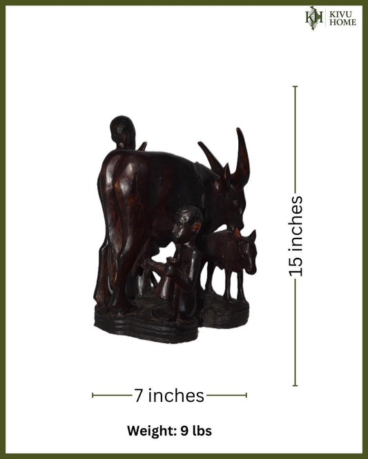 Rwandan Cowherd & Cow Statue – Hand-Carved Wood Milking Scene – Rwanda Art Decor