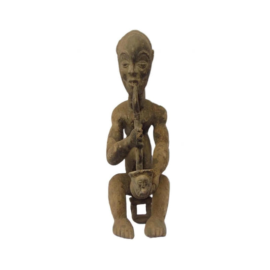 Vintage Luba Smoking Man – 34" Large Hand-Carved Wood Sculpture – Congo Art
