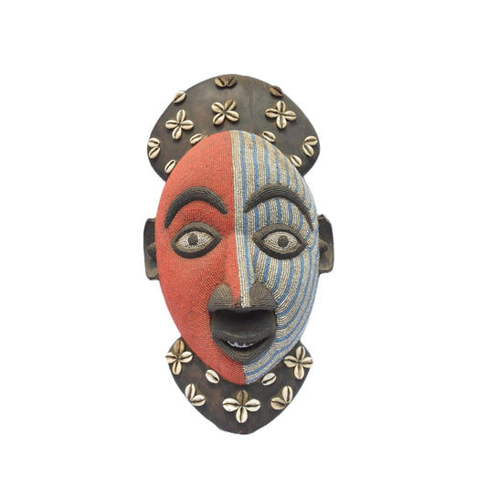 Beaded Luba Mask – Curved Wood Tribal Wall Decor – Painted African Sculpture Art