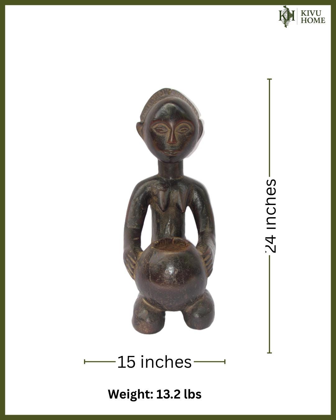Large Luba Bowl Bearer – 33" Hand-Carved Wood Statue – Congo Ancestor Figure Art