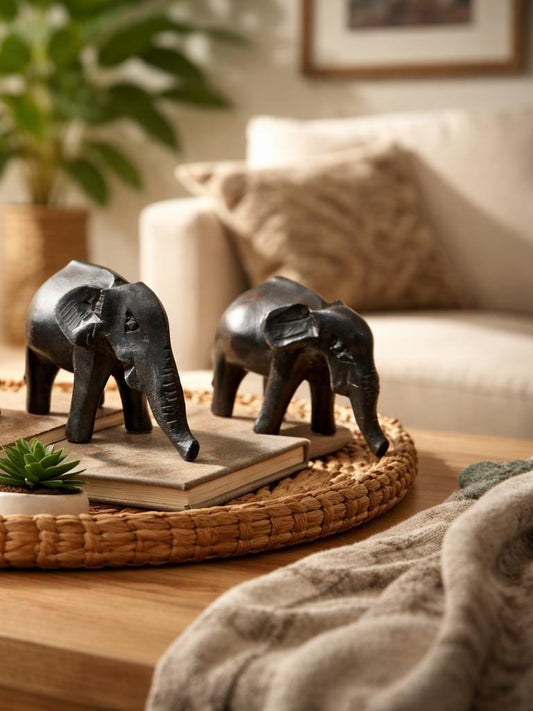 Set of 4 Hand Carved Wooden Elephant Figurines for Lucky Home Decor and Gifts