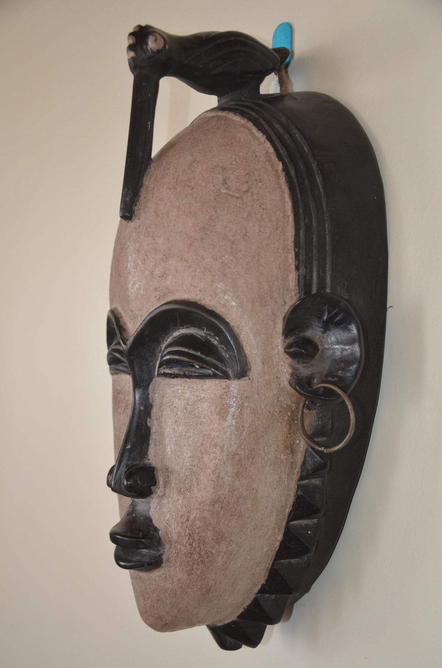 Baule Mblo Portrait Mask – Bird Crest & Earrings – Ivory Coast Tribal Wall Art