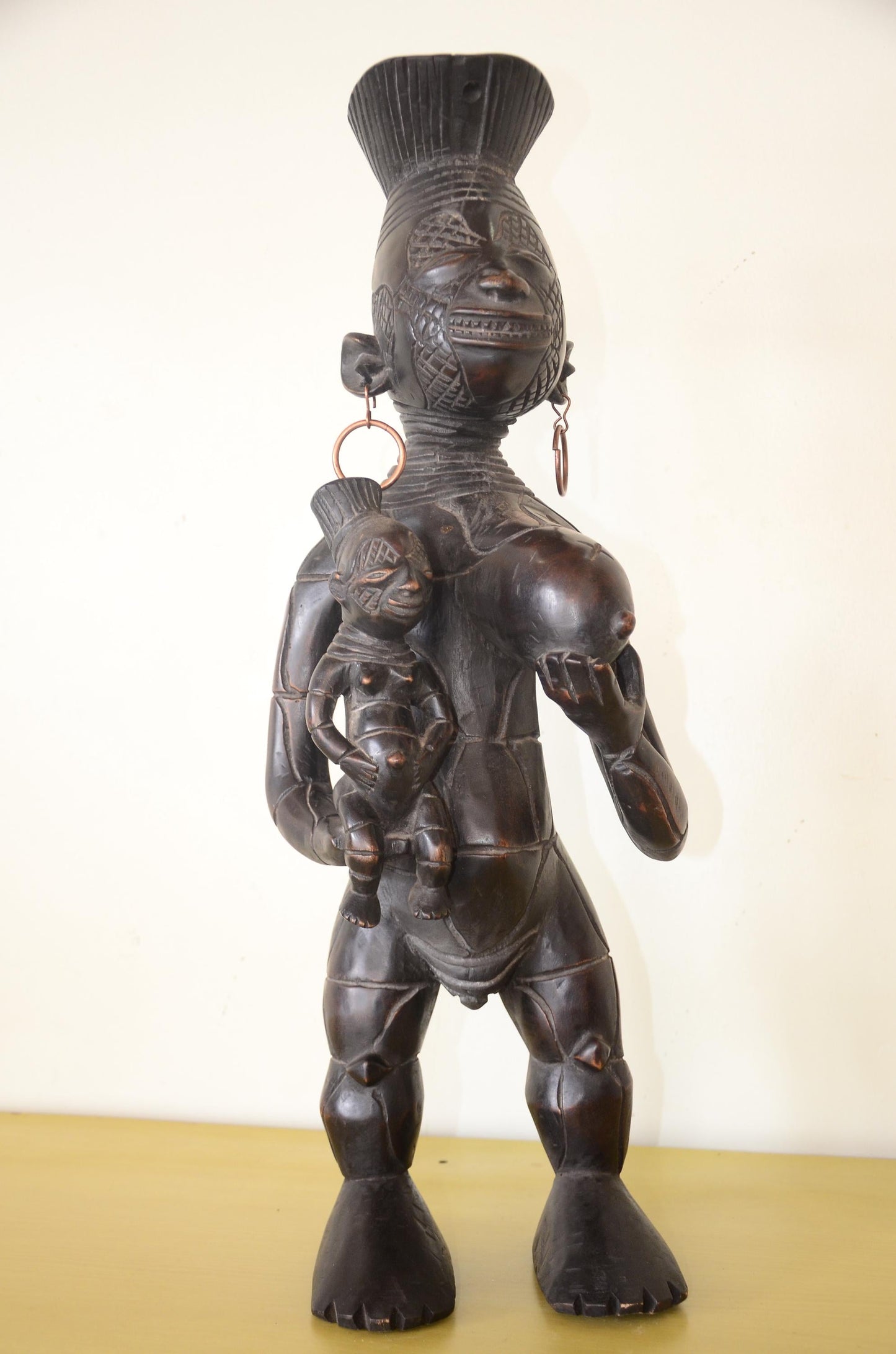 Large Lulua Maternity Statue – 27" Mother & Child Wood Carving – Congo Art