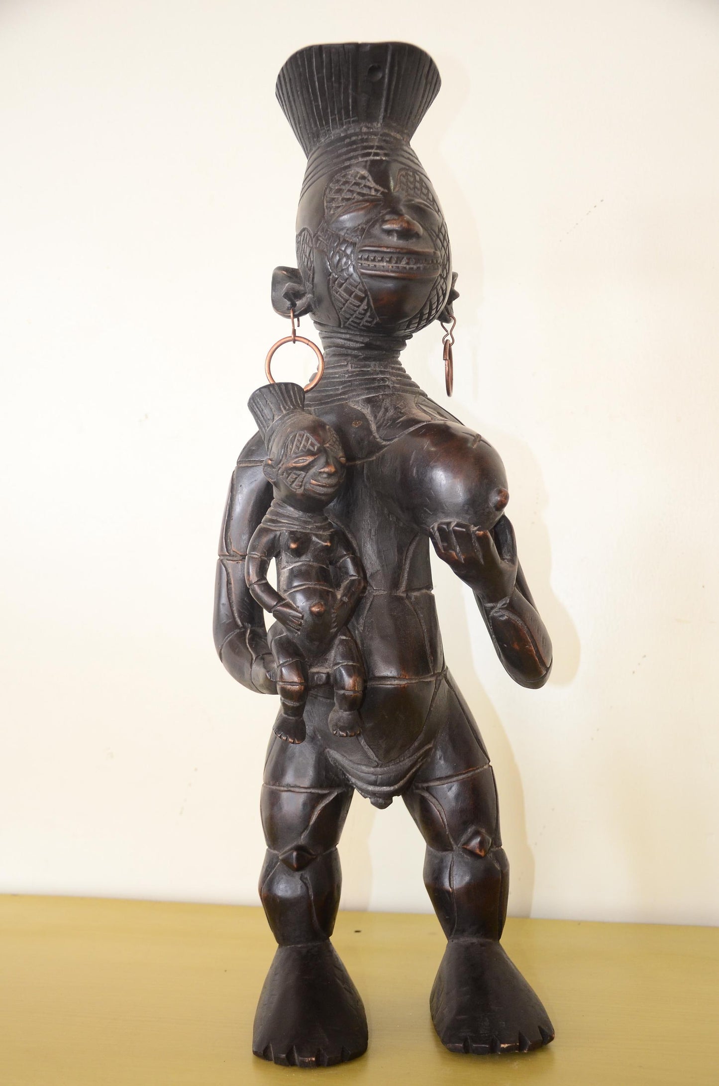 Large Lulua Maternity Statue – 27" Mother & Child Wood Carving – Congo Art