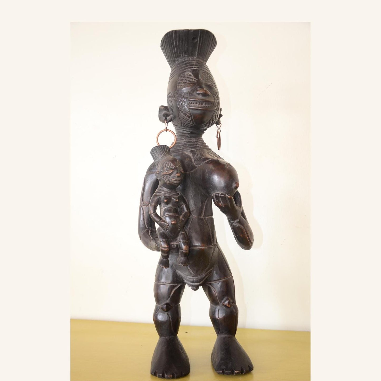 Large Lulua Maternity Statue – 27" Mother & Child Wood Carving – Congo Art