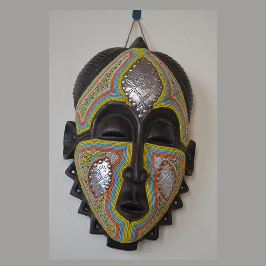 Beaded Guro Mblo Mask – 21" Ivory Coast Wood Wall Art – African Tribal Beadwork