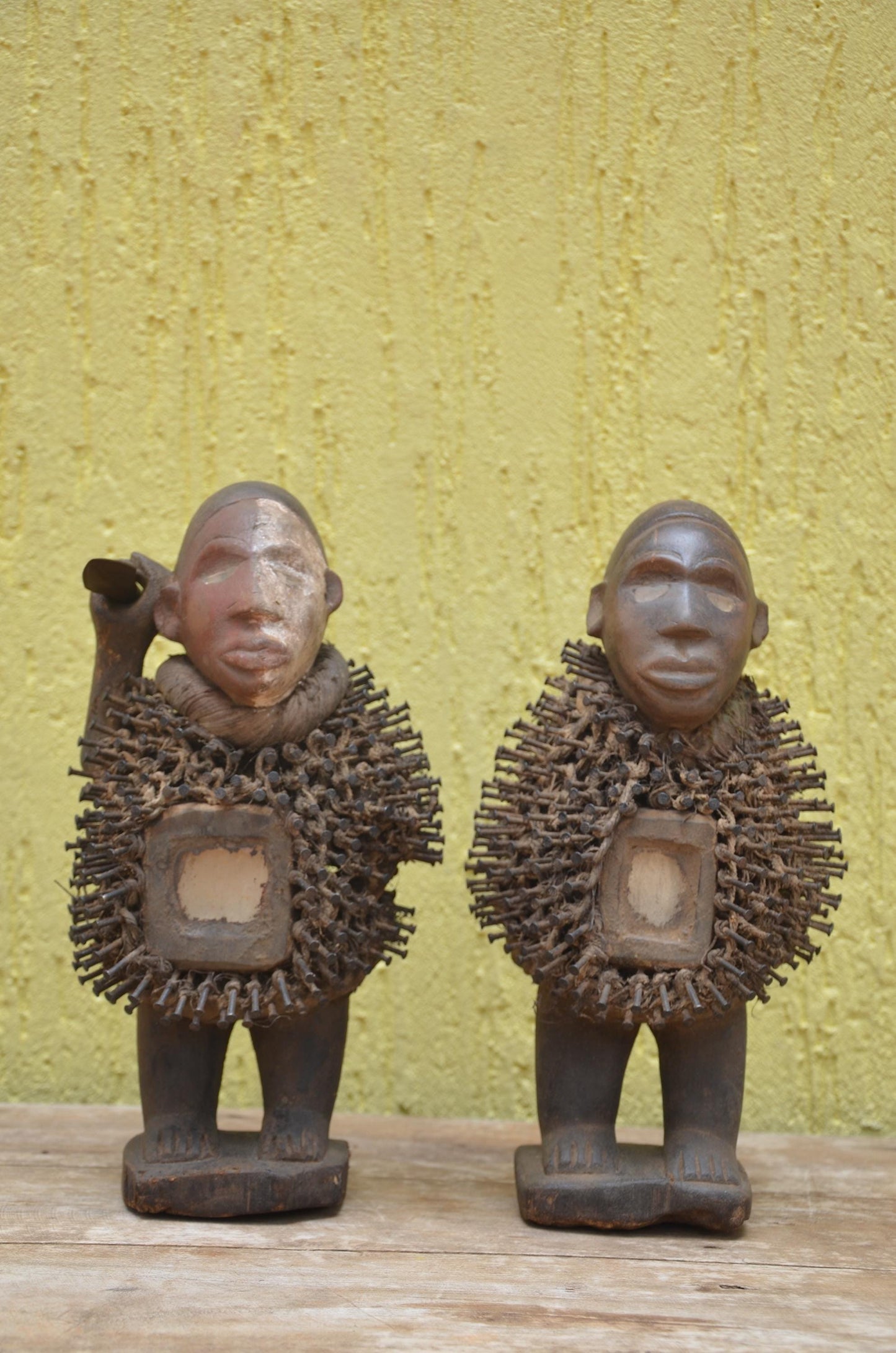 Pair of Bakongo Protector Figures – Vintage Nkisi Nkondi Power Statues – Tribal African Art