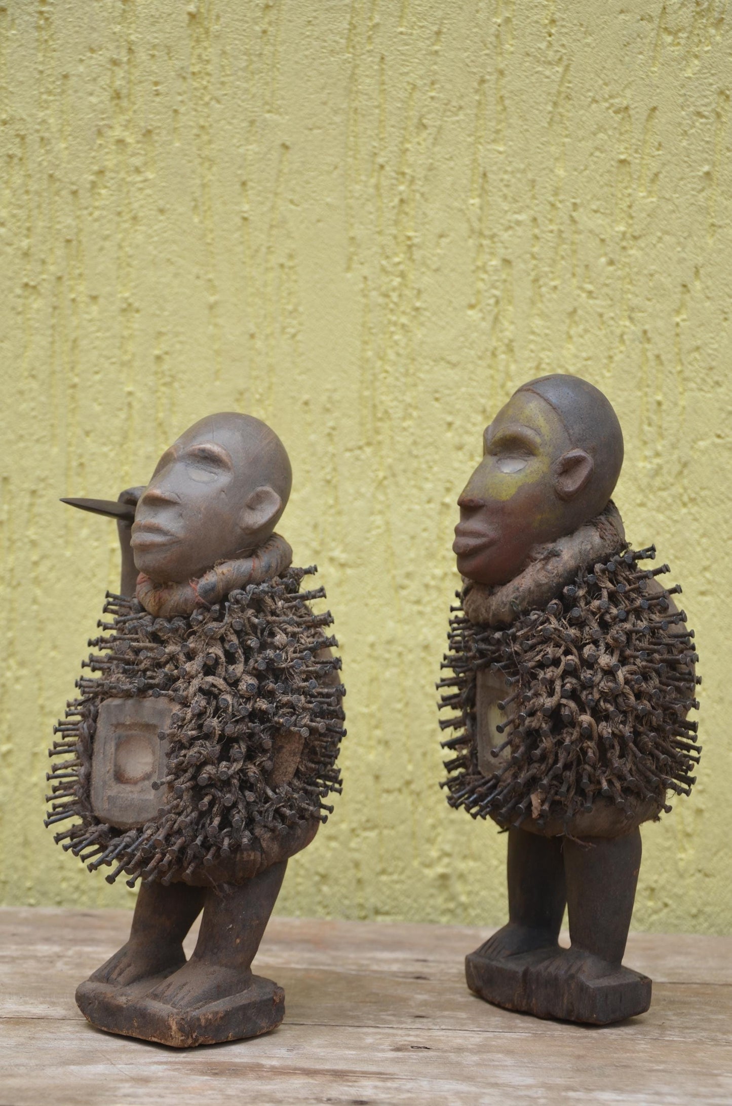 Pair of Bakongo Ritual Figures – Tribal Nkisi Nkondi Nail Fetish – Authentic African Power Art