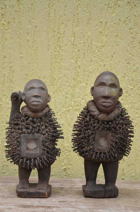 Pair of Bakongo Ritual Figures – Tribal Nkisi Nkondi Nail Fetish – Authentic African Power Art