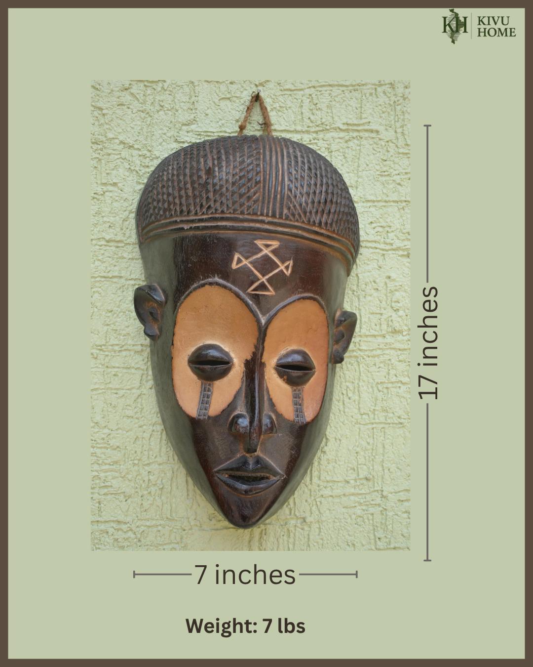 Handmade Chokwe Mwana Pwo Mask – 17" Congo Tribal Wall Art – African Wood Carved Mask
