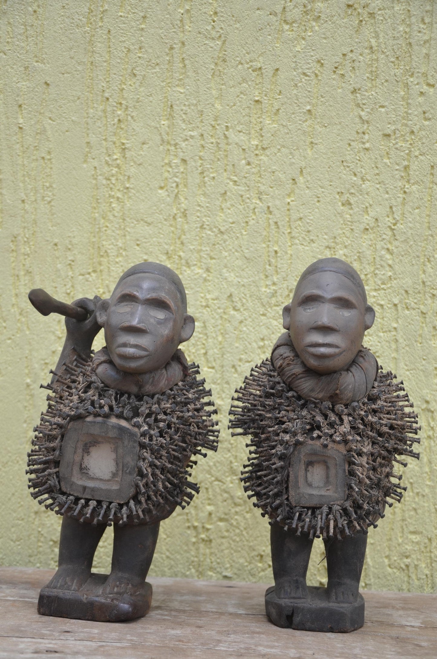 Pair of Kongo Fetish Figures – African Nkisi Nkondi Nail Statues – Hand-Carved Power Sculpture