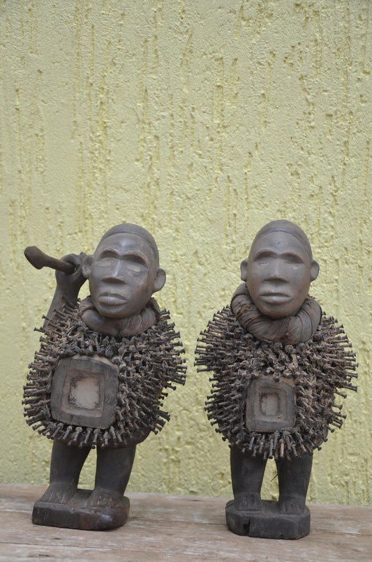 Pair of Kongo Fetish Figures – African Nkisi Nkondi Nail Statues – Hand-Carved Power Sculpture