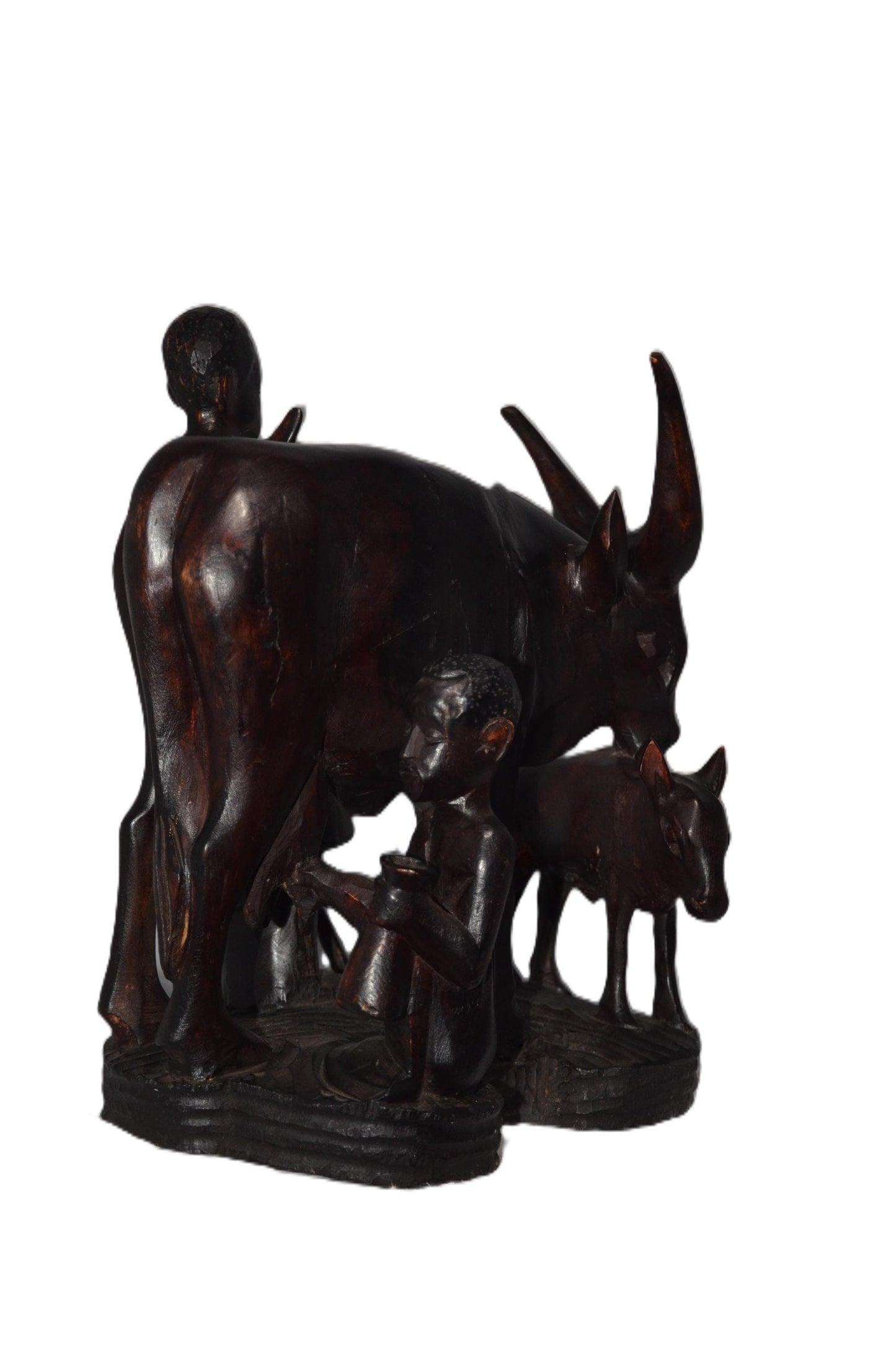 Rwandan Cowherd & Cow Statue – Hand-Carved Wood Milking Scene – Rwanda Art Decor