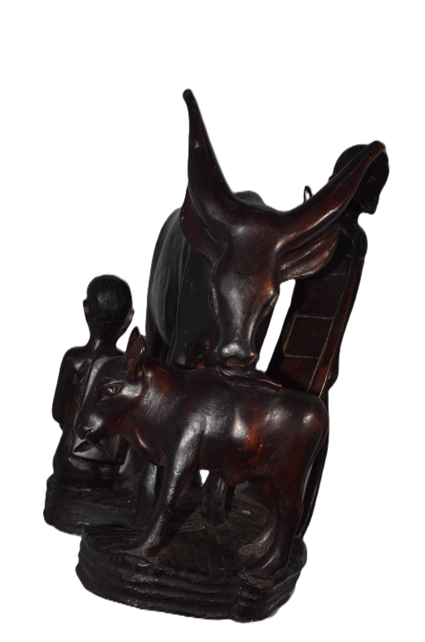 Rwandan Cowherd & Cow Statue – Hand-Carved Wood Milking Scene – Rwanda Art Decor