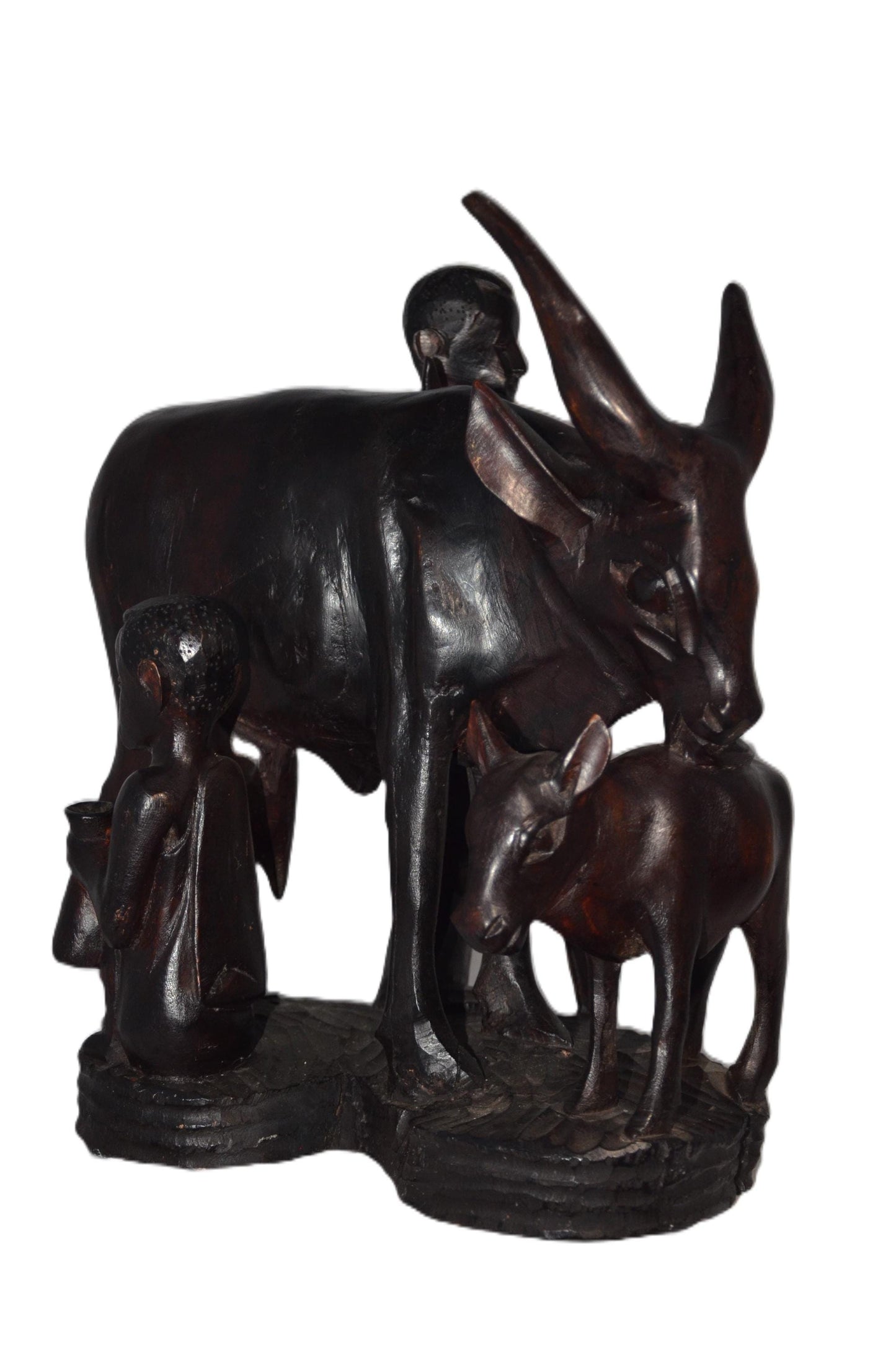 Rwandan Cowherd & Cow Statue – Hand-Carved Wood Milking Scene – Rwanda Art Decor