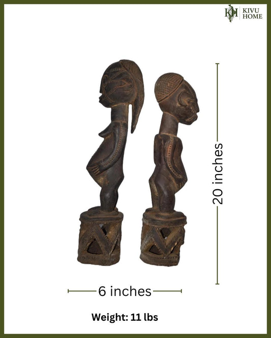 Authentic Buyu Couple Statue – African Ancestor Art – Hand-Carved Congo Wood