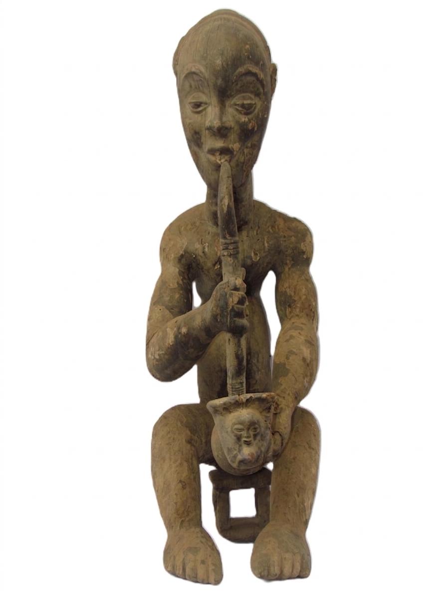 Vintage Luba Smoking Man – 34" Large Hand-Carved Wood Sculpture – Congo Art