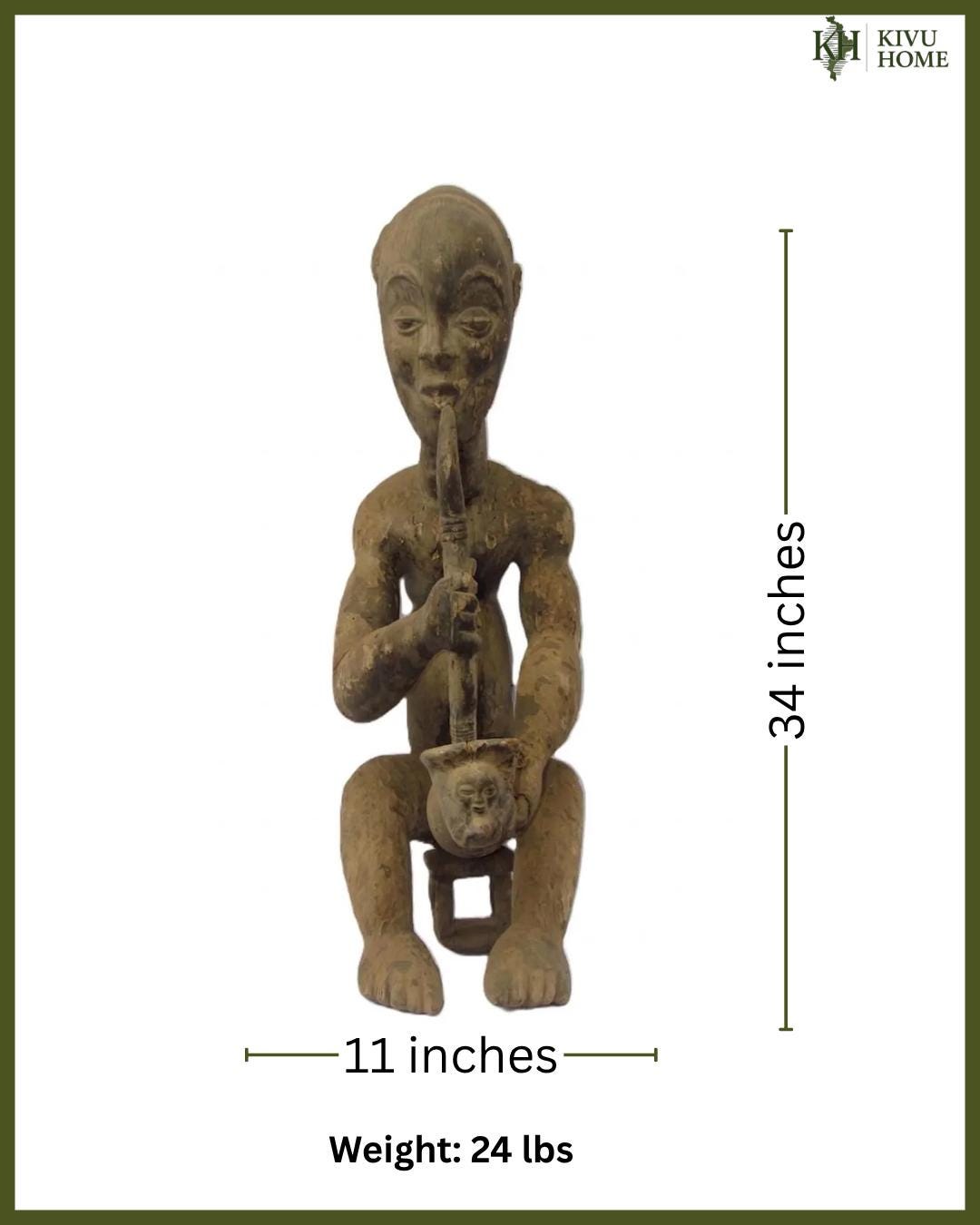 Vintage Luba Smoking Man – 34" Large Hand-Carved Wood Sculpture – Congo Art