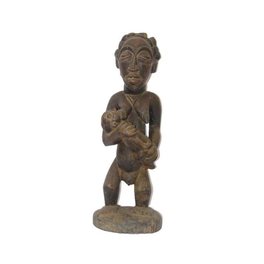 Luba Maternity Carving – Congo Wood Statue – Mother & Child African Art Decor